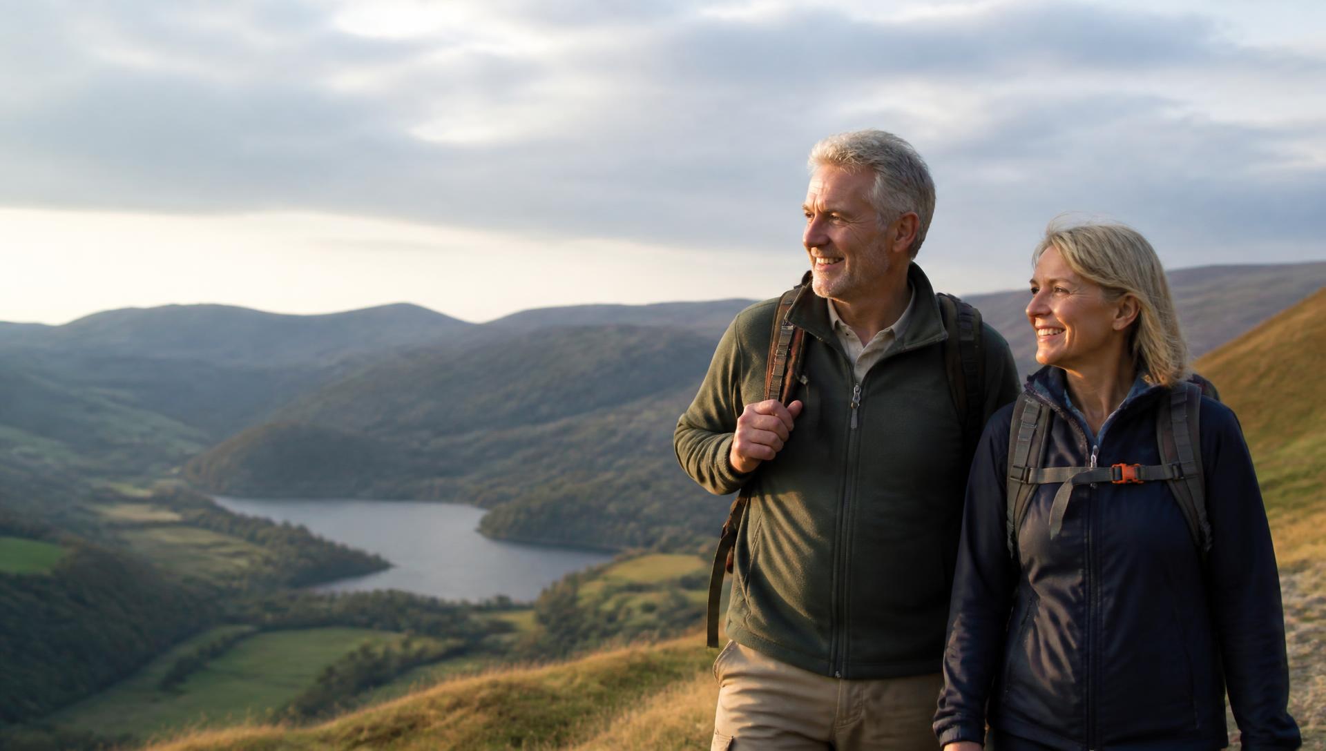 Couple in their sixties hiking in the Lake District at golden hour